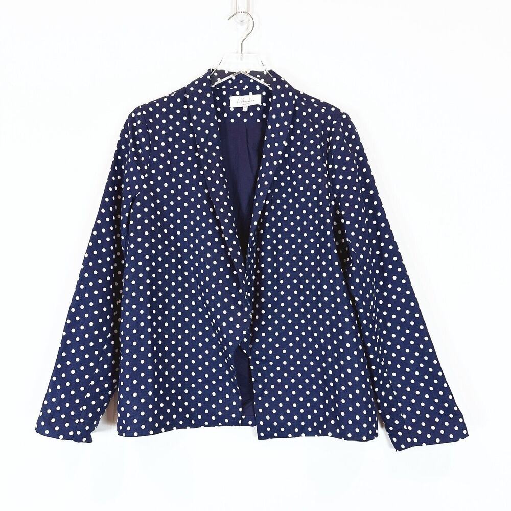 L'Academie Womens‎ 100% Linen Open Blazer Jacket Medium Retro Classic Polka Dot